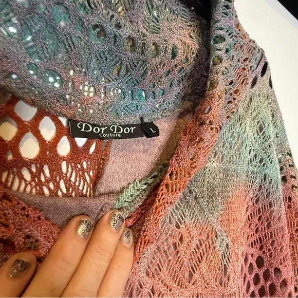Dor Dor Couture Crochet Patchwork Poncho L  Top Large Boho Asymmetrical - Picture 4 of 9